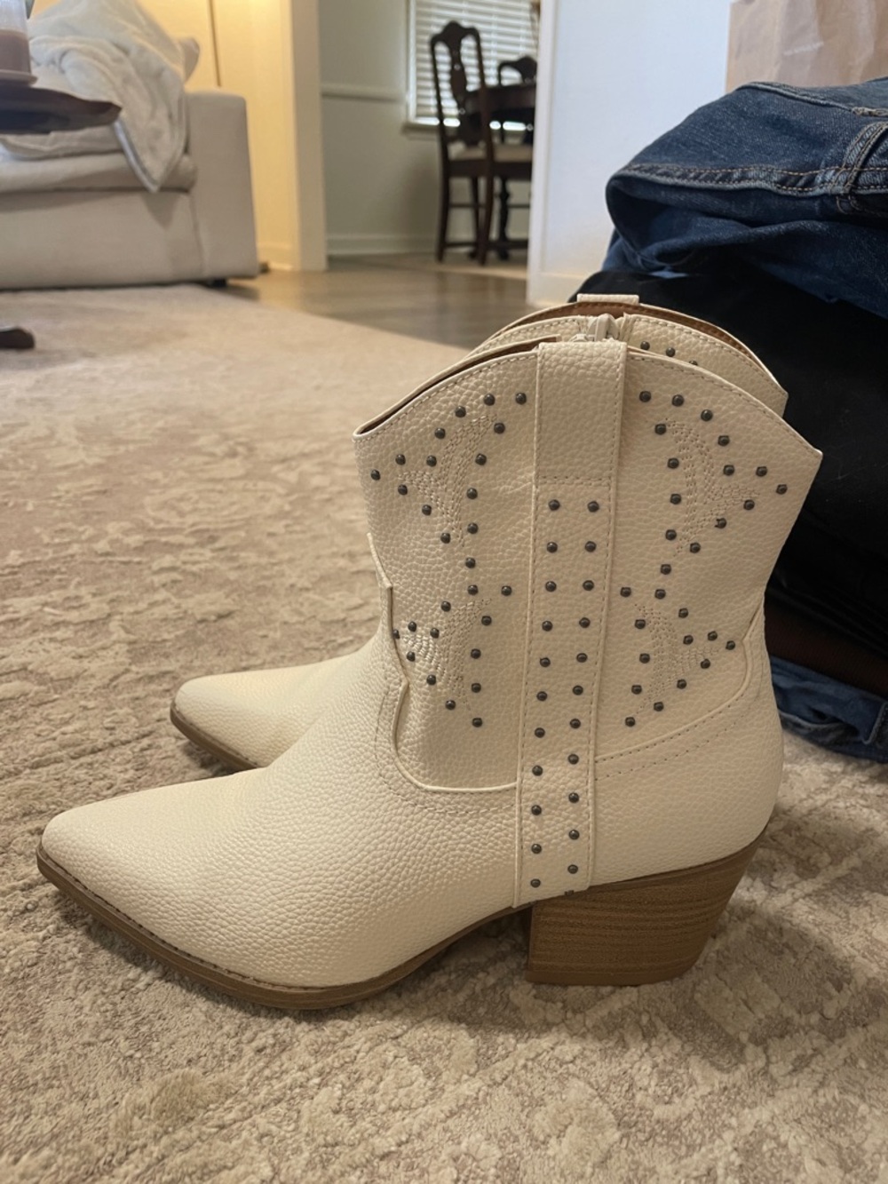 Studded White Western Ankle Boots - Women's Fashion Bootie Size 8